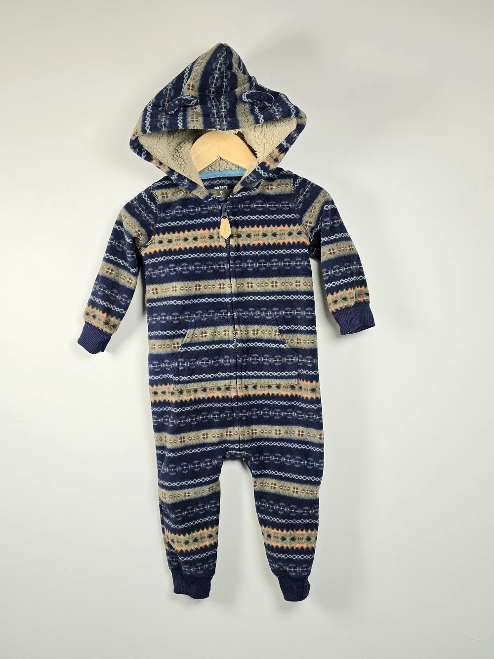 Carter's Navy Patterned Fleece Sherpa-Lined Hooded One-Piece